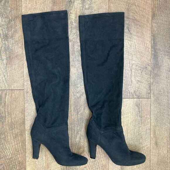 Stella McCartney Suede Knee-High Slip On Boots Black Round Toe Block Heels EU 36 - Picture 1 of 9